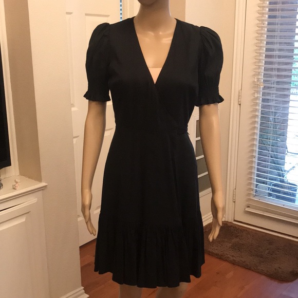Antonio Melani Black Linen Surplice V-Neck Short Puff Sleeve Wrap Tie Dress - Picture 9 of 10